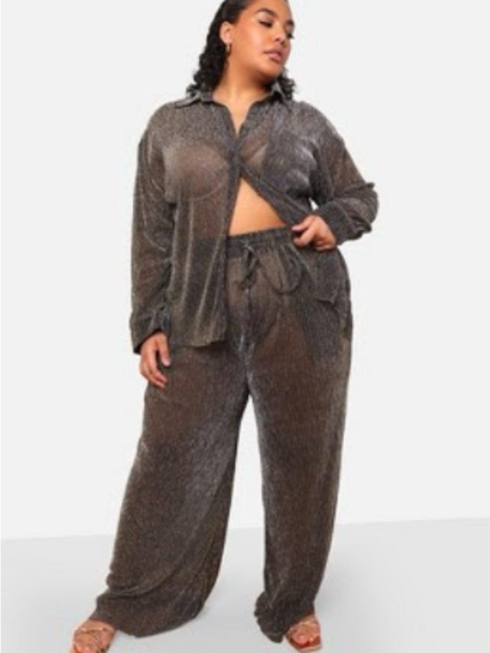 Rebdolls Women's Fabian Sheer Metallic Plisse Wide Leg Pants W. Pockets